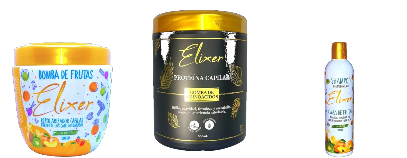 Elixer — Proteína Capilar, Bomba de Frutas y Shampoo